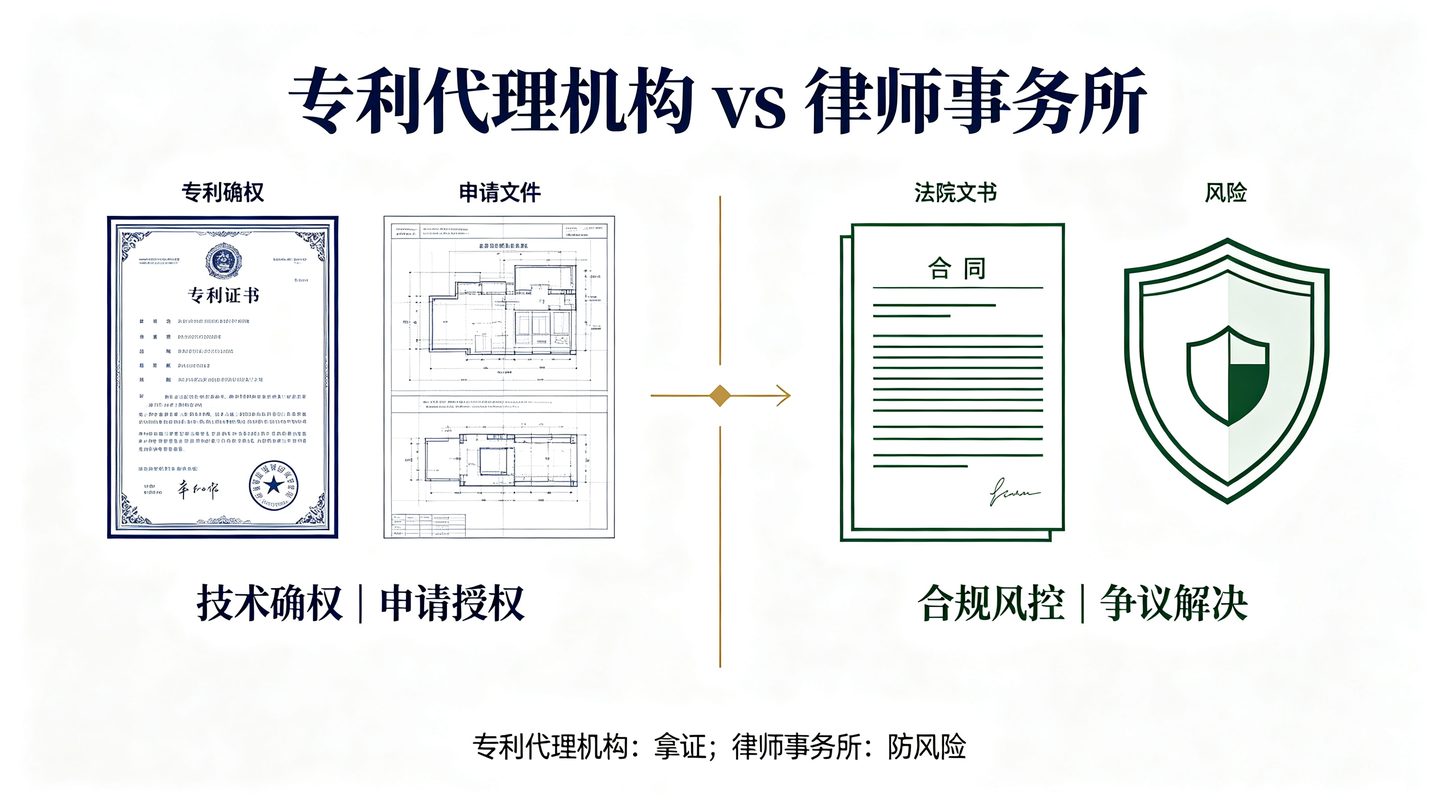 专利代理机构与律师事务所的业务分工对比：技术确权与申请授权 vs 合规风控与争议解决
