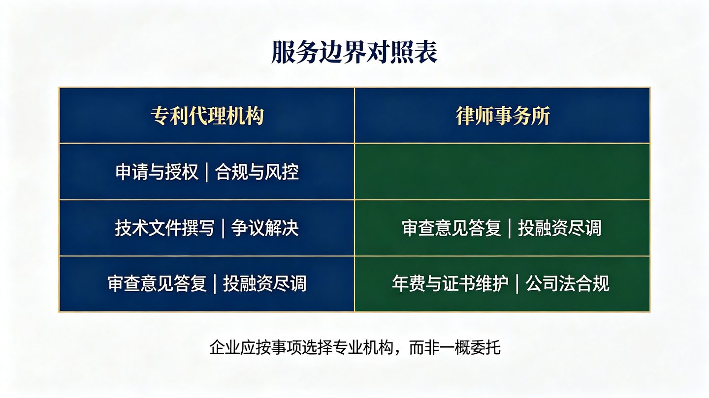 知识产权服务业务边界对照表：专利代理机构与律师事务所各自可承接的事项